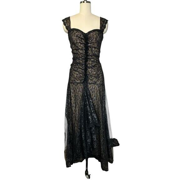 Randolph Duke  Vintage 1990s Black Lace Metallic Cocktail Gown with Train - Picture 2 of 13